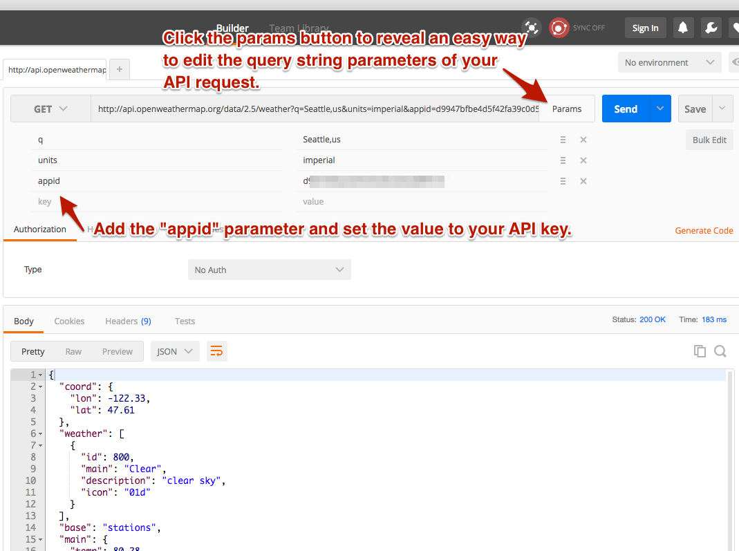 Postman with API key configured.