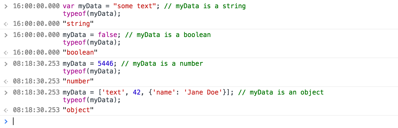 Type checking in the JS console.